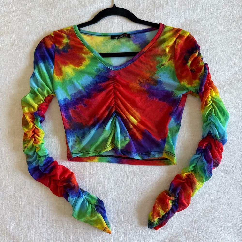 Love Ruched Crop Top Womens S Tie Dye  Mesh Long Sleeve Festival Hippie Raver